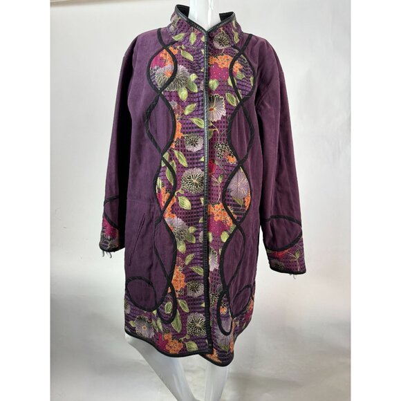 Reversible Vintage 80s Womens Coat With Floral Quilted Pattern & Black Faux Leat - Picture 14 of 16